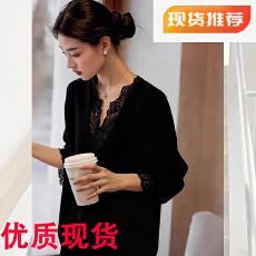 批发黑色蕾丝拼接针织衫女2025秋季新款法式高级感<b class='q'>轻熟</b>风宽松毛衣上衣