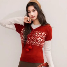 批发费尔岛提花圆领套头短袖针织衫女春秋冬季慵懒风设计感叠穿上衣