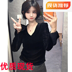 批发<b class='q'>轻熟</b>气质V领长袖丝绒打底T恤女秋季新款时尚修身显瘦气质别致上衣