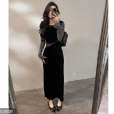 批发大婷婷时尚显瘦<b class='q'>连衣裙</b><b class='q'>拼接</b>撞色复古长裙秋冬新款修身裙子