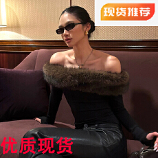 批发rovente 香肩反叛黑色毛毛领一字肩T恤长袖修身露肩抹胸辣妹上衣