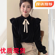 批发新中式女装黑色蝴蝶结小飞袖丝绒衬衫25冬高级感显瘦气质国风<b class='q'>上衣</b>