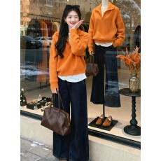 批发巨好看冬装一整套女时尚<b class='q'>韩版</b>翻领软糯打底衫针织毛衣牛仔裤三件套