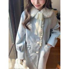 批发楞之岛毛领娃娃领奶蓝色呢子蕾丝小个子大衣2026冬新款<b class='q'>长款</b>外套女