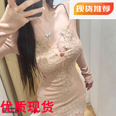 批发秋冬法式纯欲收腰V领<b class='q'>蕾丝</b>长袖<b class='q'>连衣裙</b>