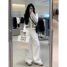 批发小香风黑白<b class='q'>条纹</b>无袖针织马甲外套春秋开衫外搭外穿毛衣马夹三件套