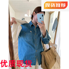 批发i-Dsisters复古刺绣小狗<b class='q'>牛仔</b>磨毛<b class='q'>衬衫</b>女装长袖宽松百搭冬款