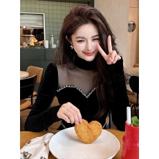 批发法式黑色网纱拼接丝绒衬衫女2025秋冬新款高端巨好看气质轻熟上衣