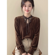 批发新中式<b class='q'>女装</b>咖色蕾丝拼接立领丝绒旗袍上衣25冬超好看国风内搭小衫