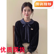 批发新中式<b class='q'>女装</b>黑色波点飘带领刺绣丝绒衬衫25冬设计感超好看国风上衣
