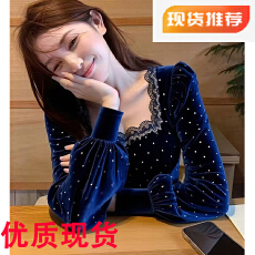 批发千金风藏蓝色丝绒<b class='q'>波点</b><b class='q'>衬衫</b>女秋冬新款蕾丝边显瘦小衫别致气质上衣