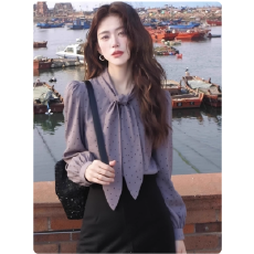 批发法式蝴蝶结<b class='q'>波点</b>紫色长袖<b class='q'>衬衫</b>女秋冬季设计感通勤百搭减龄气质上衣