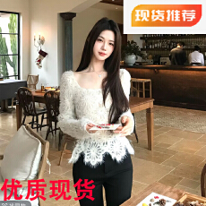 批发柔织白烬设计感长袖方领内搭蕾丝加绒针织喇叭长<b class='q'>裤</b>