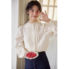 批发早<b class='q'>秋</b>新款法式少女小立领塔克褶小衫木耳边长袖衬衣