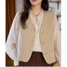 批发浅卡其色v领金扣短款开衫背心马甲女秋季叠穿<b class='q'>西装</b>马夹