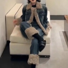 批发2025冬季设计感小众韩版宽松高级感小香风<b class='q'>牛仔</b>外套长裤两件套装女