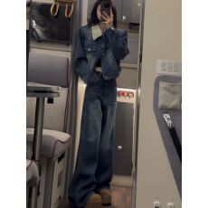 批发时尚洋气短款加绒加厚牛仔外套+阔腿长裤两件<b class='q'>套装</b>女2026秋冬新款