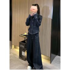 高级感明线设计气质收腰牛仔外套高腰牛仔长裤女套装2025春季新款