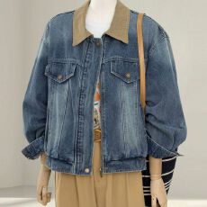 批发复古水洗<b class='q'>牛仔</b>翻领外套秋季2026新款夹克拼接宽松休闲上衣