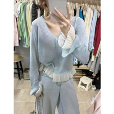 批发甜美V领撞色拼接竹节麻针织开衫<b class='q'>春</b>夏季薄款喇叭袖防晒小衫女