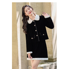 批发小香千金风黑色丝<b class='q'>绒套装</b><b class='q'>女</b>2026秋新款气质珍珠娃娃领两件套