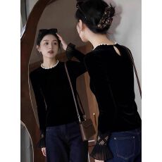 批发法式小香风黑色钉珠设计丝绒衬衫女秋冬新款轻奢百搭显瘦打底衫潮