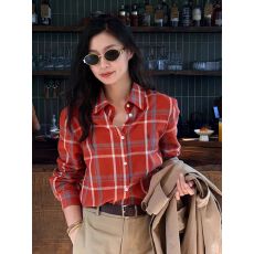 批发轻奢专柜2026秋冬新款高端女装红色<b class='q'>格子</b>长袖格纹棉质舒适<b class='q'>衬衫</b>外套