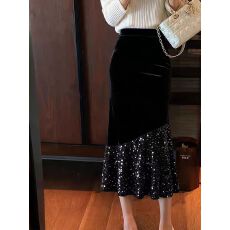 批发小香风黑色假两件丝绒半身裙女2026年新款春季高级感<b class='q'>显瘦</b>包臀长裙