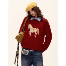 批发幸运小马羊毛混纺童趣小马提花刺绣圆领软糯针织毛衣