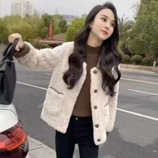 批发撞色翻领小香风羊羔毛外套女秋冬新款皮毛一体加厚保暖夹克上衣潮