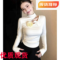 批发法式镂空白色半高领打底衫女内搭立体花朵拼接修身长袖上衣秋冬季