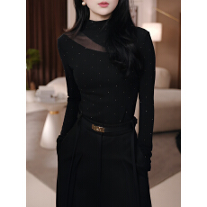 批发新款带钻<b class='q'>拼接</b>长袖T恤加绒加厚打底衫上衣+高腰阔腿垂感直筒裤套装