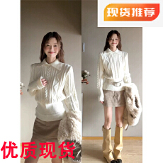 批发韩系翻领重工麻花毛衣女冬季设计感白色修身收腰针织打底内搭上衣