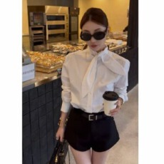 批发白天鹅显瘦蝴蝶结春夏两穿<b class='q'>衬衫</b>休闲长袖常规蝴蝶