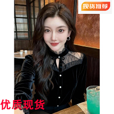 批发法式轻奢黑色蕾丝拼接丝绒<b class='q'>衬衫</b>女2026春季新款蝴蝶结系带<b class='q'>气质</b>上衣