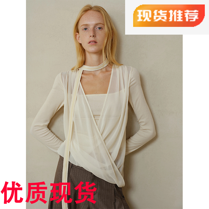 RY1604# someone sometimes原创垂褶交叠网纱假两件丝绒挂脖羊毛针织上衣