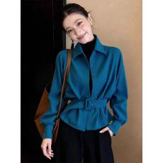 批发法式轻奢蓝色长袖衬衫女2026春季新流行款翻领收腰高级感通勤上衣