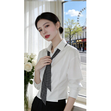 批发气质高级感极简风白色POLO领配丝巾衬衫女长袖修身设计感小众通勤