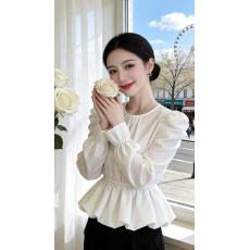 批发法式气质高级白色泡泡袖收腰衬衫上衣女显瘦百搭时尚2026春季新款