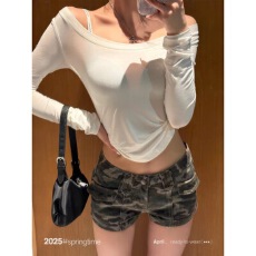 批发SUNONEONE <b class='q'>迷彩</b>牛仔短<b class='q'>裤</b>女春季低腰直筒修身辣妹休闲<b class='q'>裤</b>子