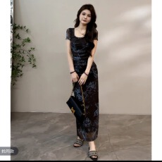 批发大婷婷墨染复古修身<b class='q'>时尚</b><b class='q'>连衣裙</b>开叉包臀新款短袖长裙