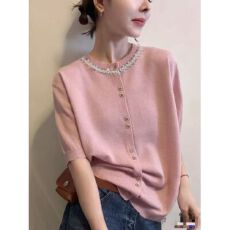 批发桑蚕丝羊毛法小香<b class='q'>手工</b>钉珠领短袖针织衫上衣小香钉珠