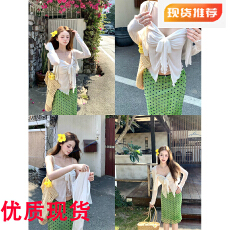 批发Ashy Snow捕梦少女 白色蕾丝拼接设计吊带开衫两件套日常扭结