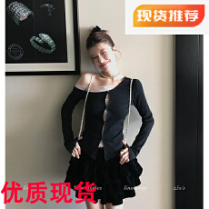 批发LINONEONE 洛可Betty 性感纯欲黑色拼蕾丝斜肩修身T恤辣妹春款