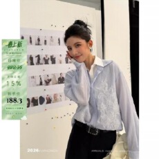 批发姜雯'南枝'蓝色假两件手工刺绣2026独特超好看衬衫女宽松通勤上衣