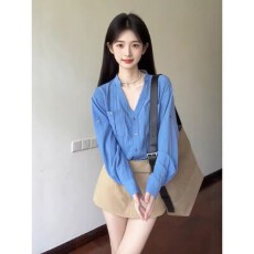 批发早春2026韩系蓝色V领<b class='q'>长袖</b>衬衫女气质卡其色高腰显瘦裤裙两件套装