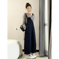 批发今年流行爆款韩版独特超好看慵懒风显瘦藏青色字母印花工装<b class='q'>背带裤</b>