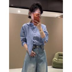 批发蓝色条纹飘带领长袖衬衫女款2026新款春装法式轻奢高级感衬衣上衣