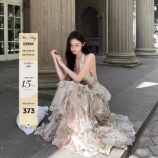 批发For Fay 晨露蔷薇园/法式度假风<b class='q'>印花</b>挂脖雪纺蛋糕长裙女V领<b class='q'>连衣裙</b>