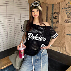 批发美式复古<b class='q'>镂空</b>鞋肩短袖上衣百搭休闲夏季透气薄款<b class='q'>针织</b>衫<b class='q'>罩衫</b>